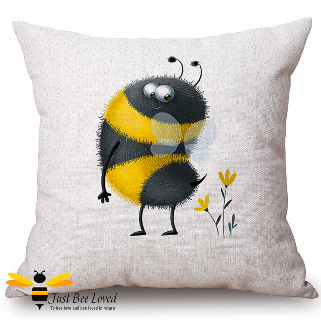 Beige coloured scatter cushion featuring an image of a bumblebee looking at his stinger tail.