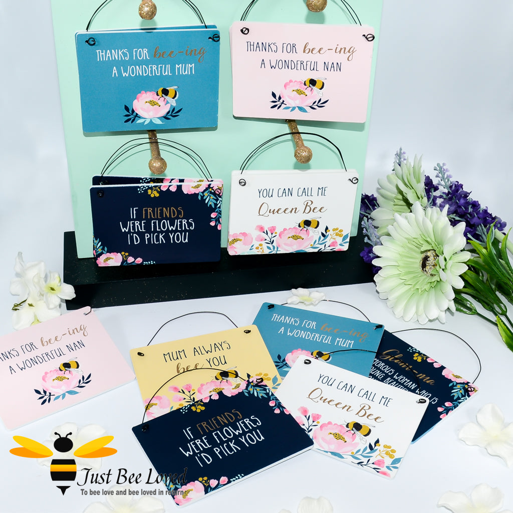 Bee themed mini wooden hanging card signs with various bee themed messages.