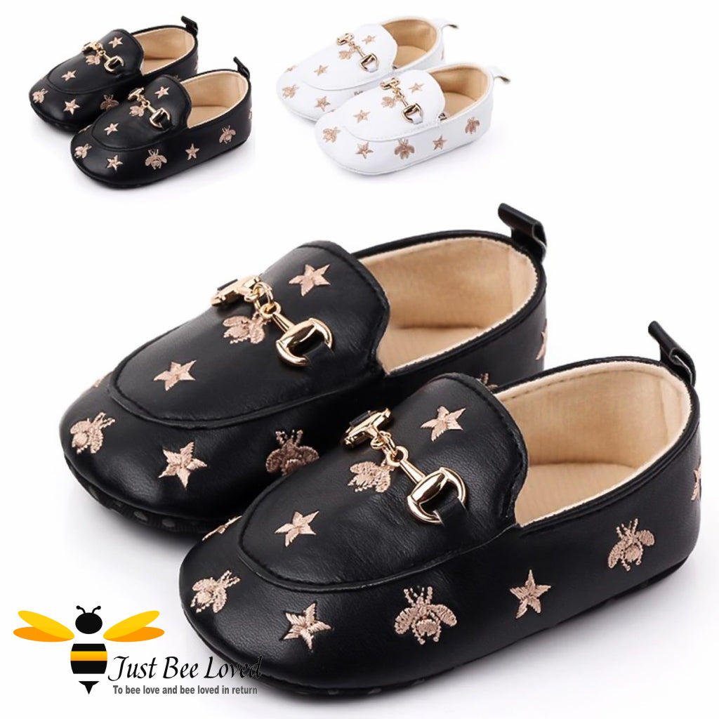 baby infant girl PU leather soft loafers, featuring embroidered golden bees and stars design with buckle link in colours black or white