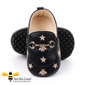 baby infant girl PU leather soft loafers, featuring embroidered golden bees and stars design with buckle link in black