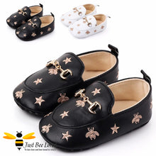 Load image into Gallery viewer, baby infant girl PU leather soft loafers, featuring embroidered golden bees and stars design with buckle link in colours black or white