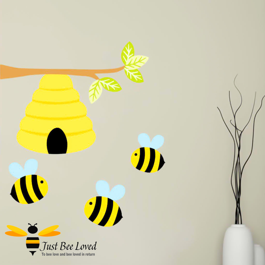 Children's 4 piece wall decal sticker decor set featuring 3 bees and beehive