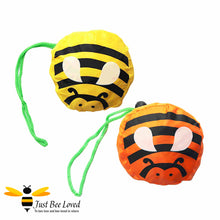 Load image into Gallery viewer, Novelty Bee Shopper Tote Bags featuring design of bumble bees print and matching bag carrier bee pouch in colours of yellow and orange