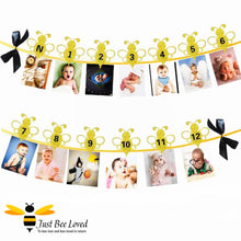 Load image into Gallery viewer, bunting photo banner featuring glittering bumblebees photo holders to display a picture of each month of their 1st year