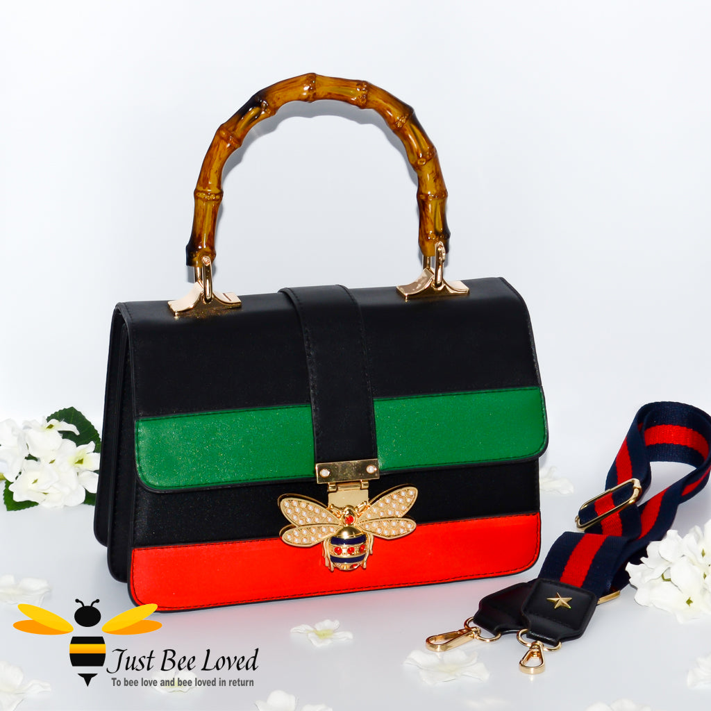 faux leather bamboo top handle bee handbag