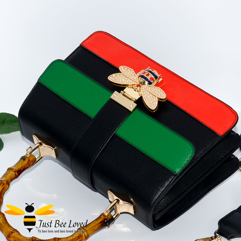 faux leather bamboo top handle bee handbag