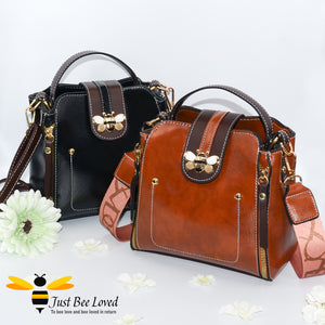 Flap over bumblebee two-toned vegan friendly leather handbags in black, brown.
