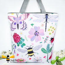 Load image into Gallery viewer, eco-friendly shopper tote bag featuring a colourful full frontal print design of pollinating insects amongst a floral display