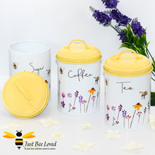 Load image into Gallery viewer, 3-piece set of tea, coffee and sugar canisters from the popular Jennifer Rose Busy Bees collection