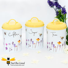 Load image into Gallery viewer, 3-piece set of tea, coffee and sugar canisters from the popular Jennifer Rose Busy Bees collection