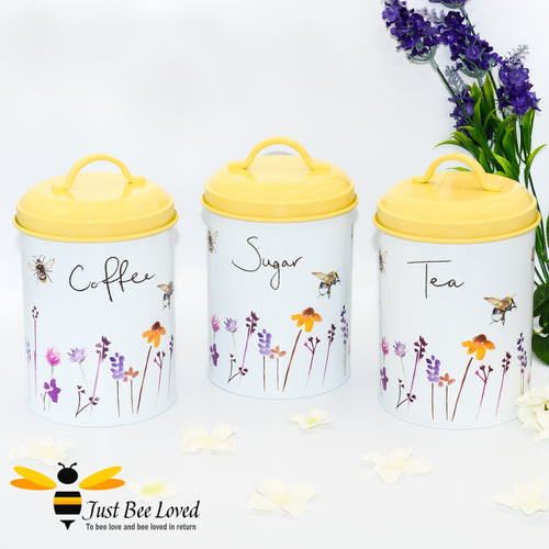 3-piece set of tea, coffee and sugar canisters from the popular Jennifer Rose Busy Bees collection