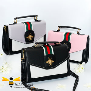 Just Bee Loved Trendy PU Leather Crossbody Handbags featuring flap over with ribbon and gold bee embellishment 