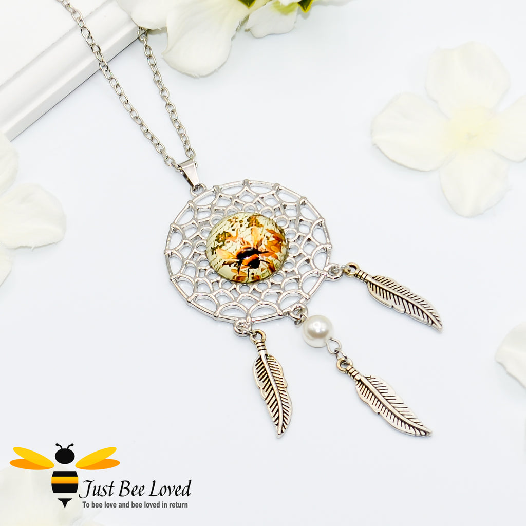 Dreamcatcher Bee Pendant Silver Necklace 