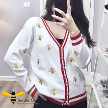 Load image into Gallery viewer, Woman wearing White &amp; red stripe cardigan with bee embroidery design