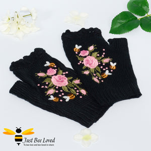hand-embroidered bees & flowers fingerless woollen mitten gloves in black colour