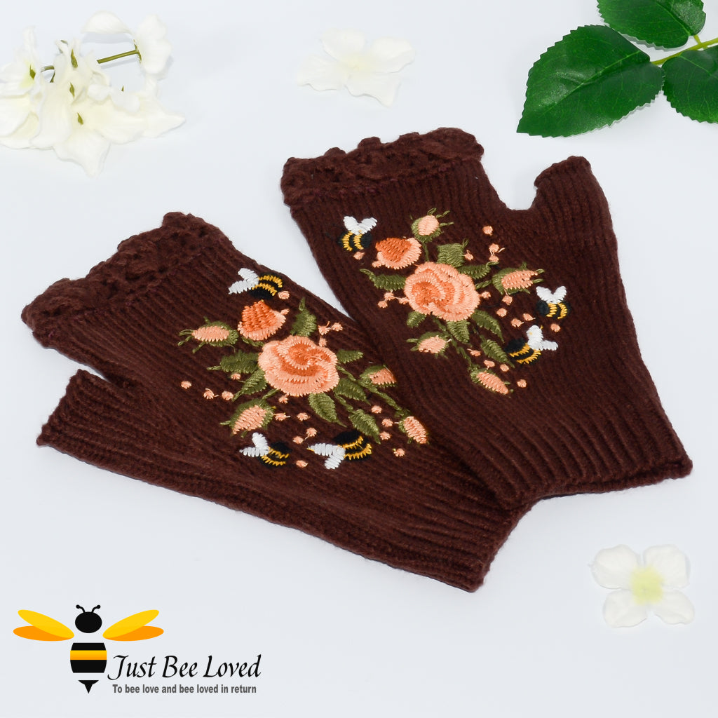 hand-embroidered bees & flowers fingerless woollen mitten gloves in brown colour