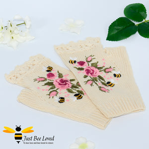 hand-embroidered bees & flowers fingerless woollen mitten gloves in cream colour