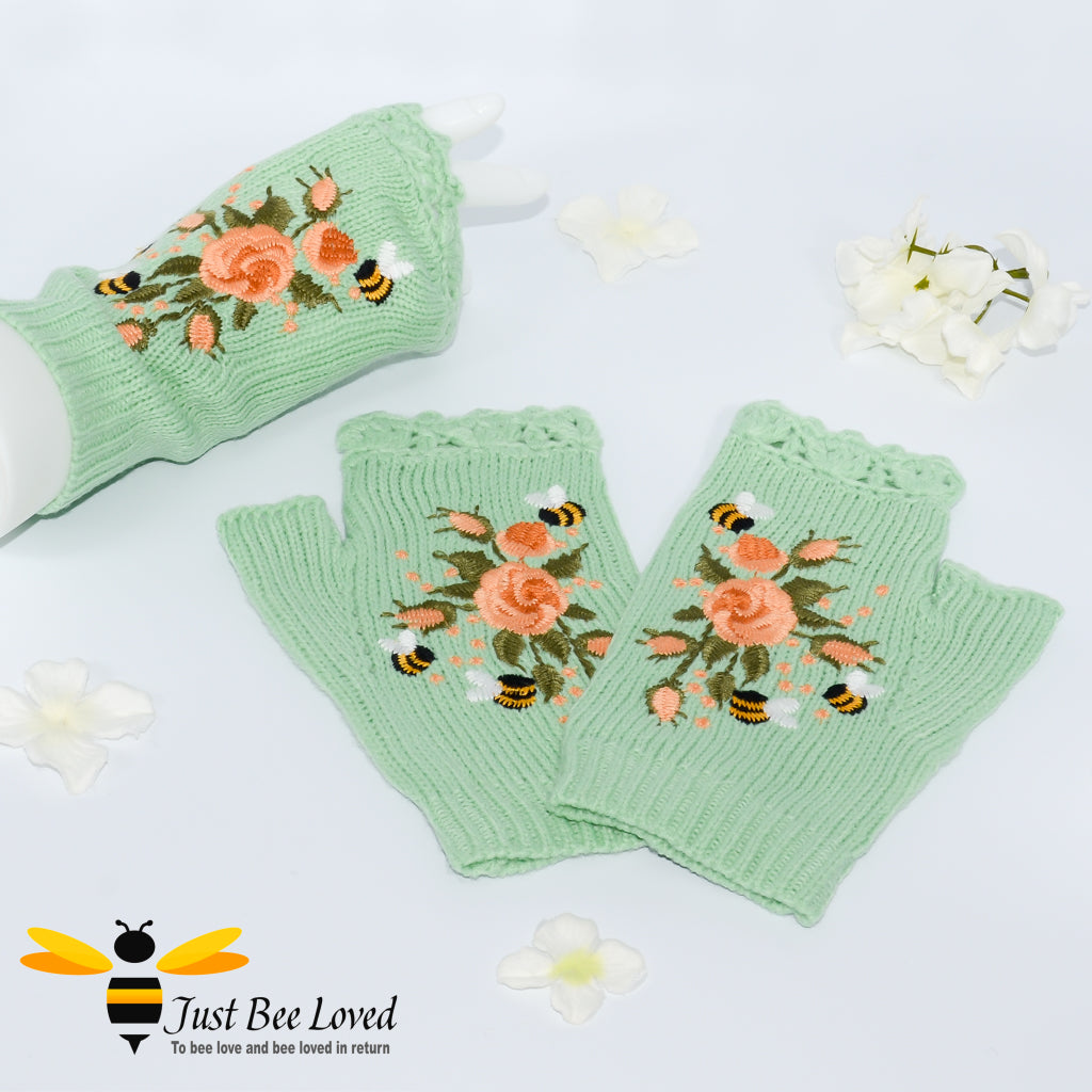 hand-embroidered bees & flowers fingerless woollen mitten gloves in pastel green colour