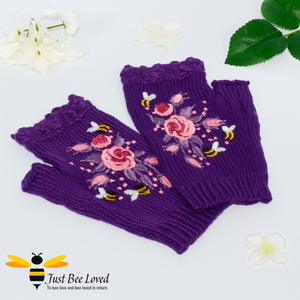 hand-embroidered bees & flowers fingerless woollen mitten gloves in purple colour