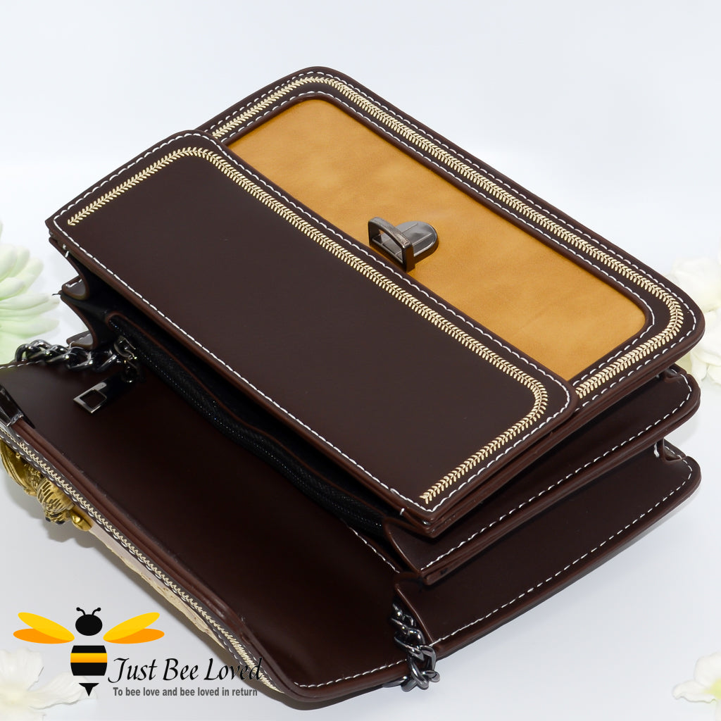 Rock chic styled vegan leather handbag featuring bold golden "Fabulous" embroidery with vintage gold bee embellishment in brown colour.