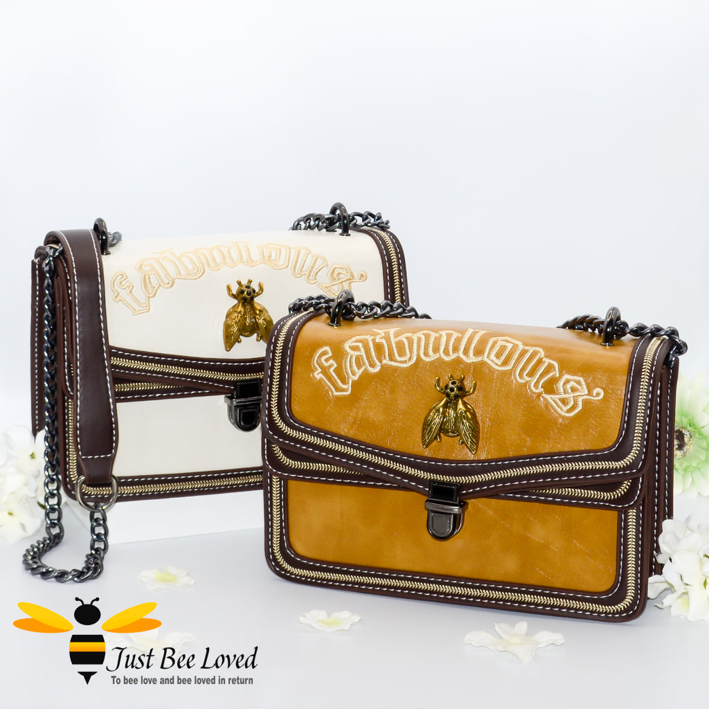 Rock chic styled vegan leather handbag featuring bold golden "Fabulous" embroidery with vintage gold bee embellishment.