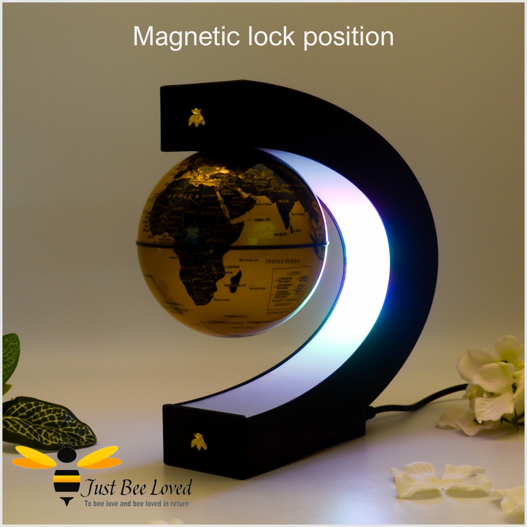 Floating levitating black and gold globe desk bee lamp