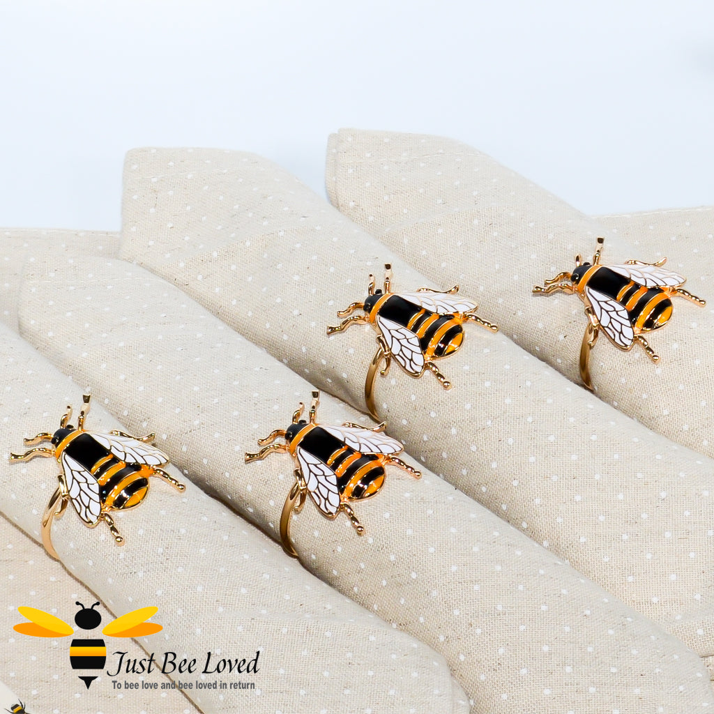 set of 4 gold-finish stainless steel bee napkin rings
