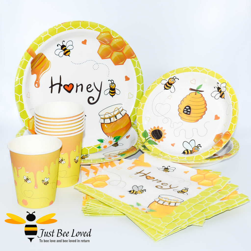 Disposable bee themed party tableware, plates, cups, napkins