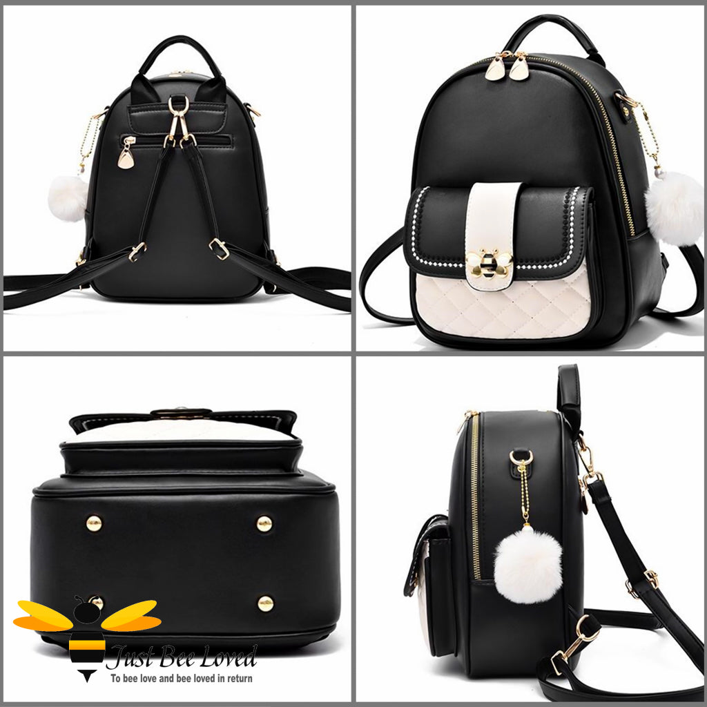 PU leather backpack featuring quilted flap-over front compartment with gold and cream bumblebee buckle clasp in black and cream colour