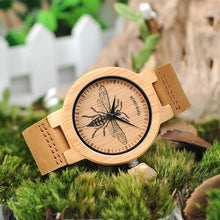 Load image into Gallery viewer, Men&#39;s Bamboo Bee watch with brown leather band by Bobo Bird