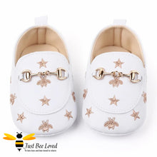 Load image into Gallery viewer, baby infant girl PU leather soft loafers, featuring embroidered golden bees and stars design with buckle link in white