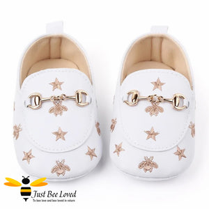 baby infant girl PU leather soft loafers, featuring embroidered golden bees and stars design with buckle link in white