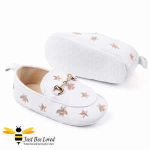 baby infant girl PU leather soft loafers, featuring embroidered golden bees and stars design with buckle link in white