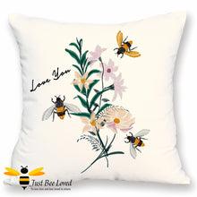 Load image into Gallery viewer, Soft and luxurious to the touch, large scatter cushion featuring embroidered design image of bumblebees and flowers with &quot;Love You&quot; text.