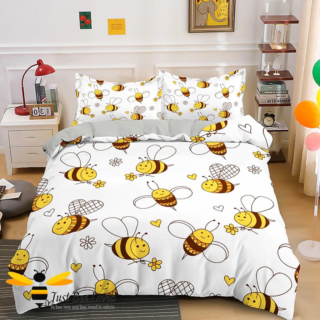 Kid's white duvet cover set featuring cartoon Bees and daisy flowers with hearts.