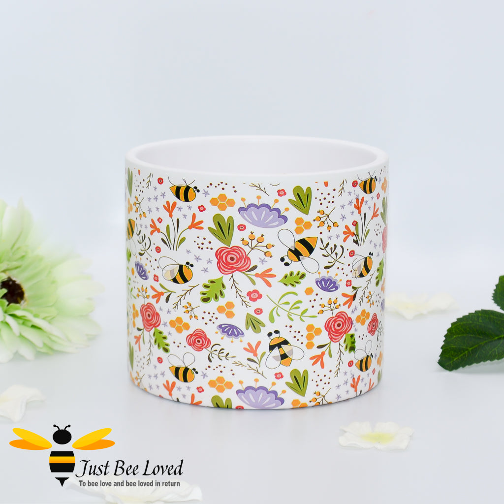 Small ceramic house plant pot with bumblebees and flowers design