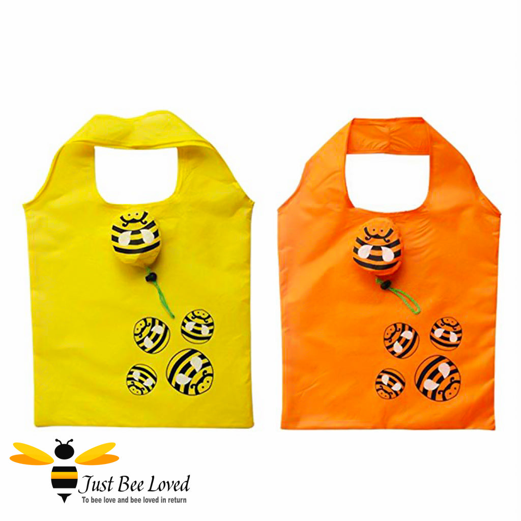 Yellow, orange shopping tote bags with bee design and carry pouches.