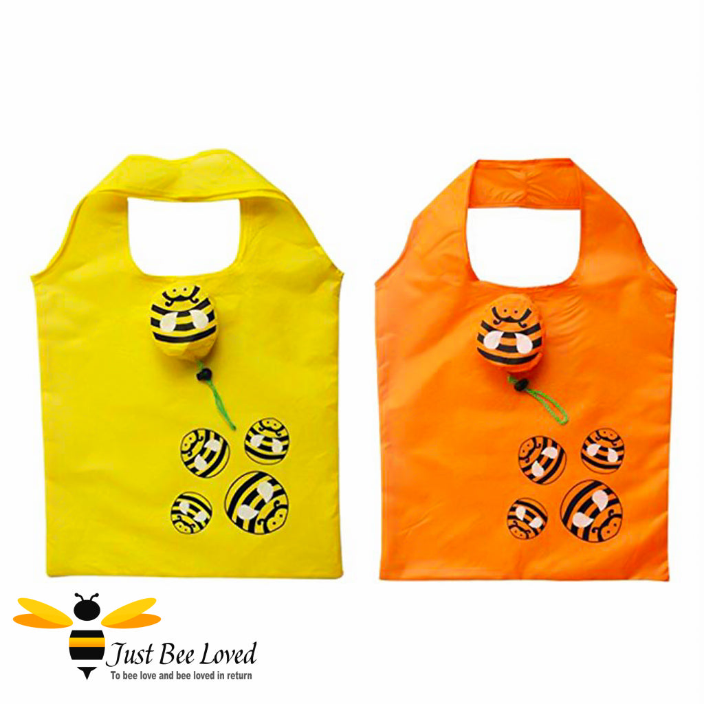 Novelty Bee Shopper Tote Bags featuring design of bumble bees print and matching bag carrier bee pouch in colours of yellow and orange