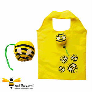 Just Bee Loved Novelty Bee Shopper Tote Bags featuring design of bumble bees print and matching bag carrier pouch