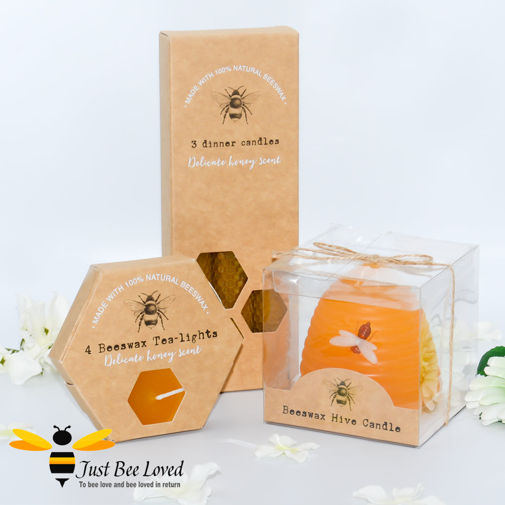 3-piece beeswax candles gift set featuring three dinner candles, four tealights and a hive shaped candle