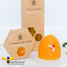 Load image into Gallery viewer, 3-piece beeswax candles gift set featuring three dinner candles, four tealights and a hive shaped candle