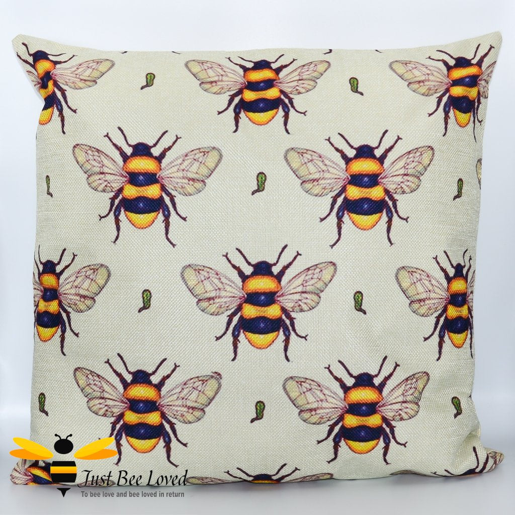 Natural coloured scatter cushion with an all over bumblebees print.