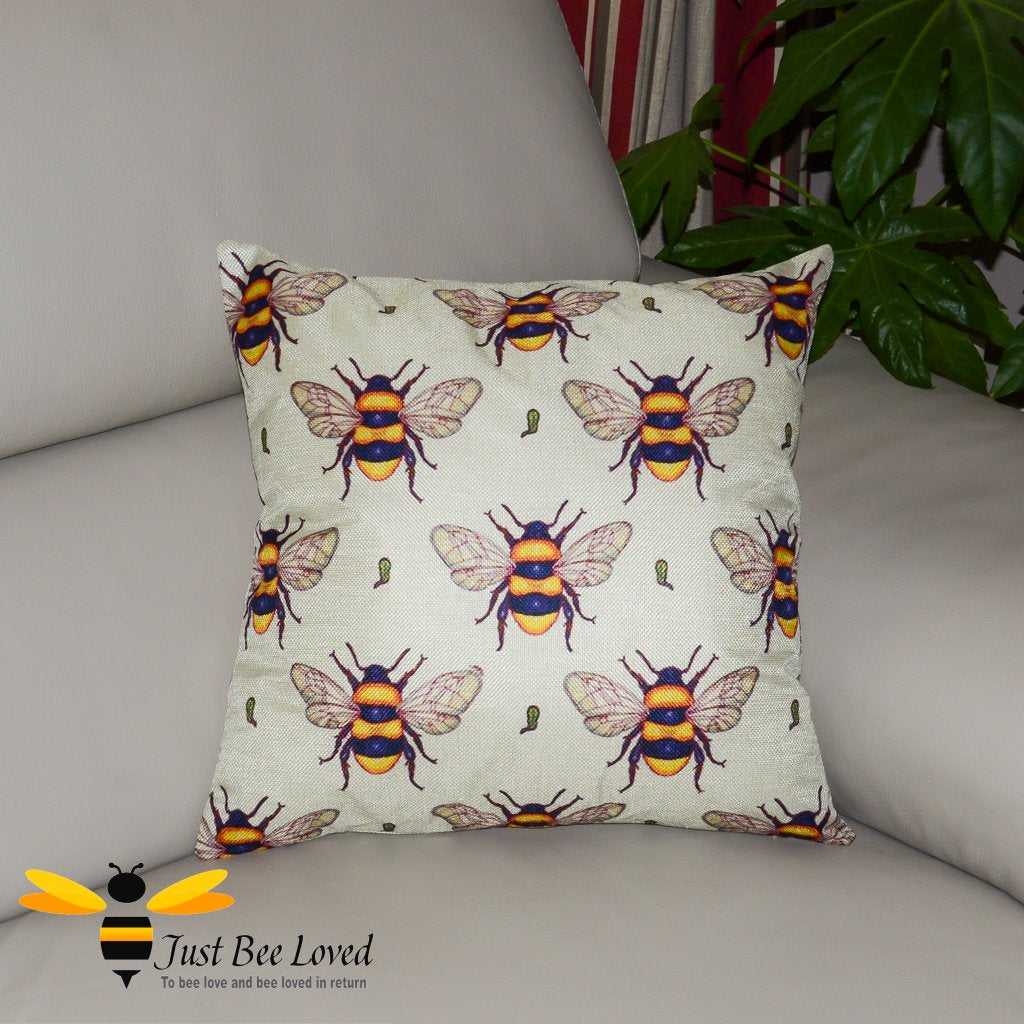 Natural coloured scatter cushion with an all over bumblebees print.
