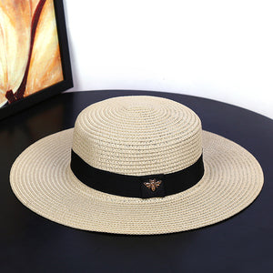 Natural Beige women's straw panama hat with black band and bee embellishment