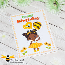 Load image into Gallery viewer, an image of a birthday bee card for a young girl, featuring a cartoon illustration of a young black girl dressed in bee clothes and holding bee balloons.  