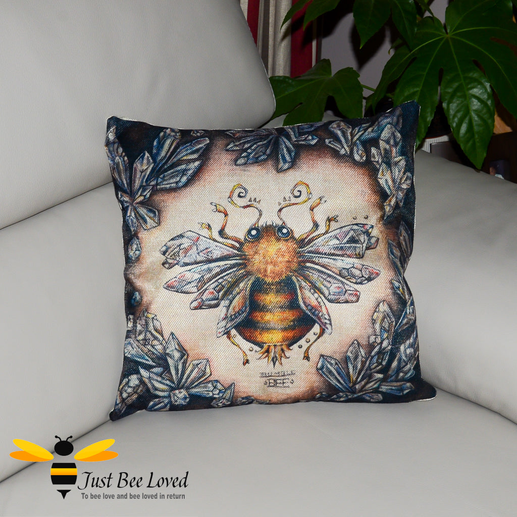 Black and beige scatter cushion featuring an image of a mystical bumblebee.