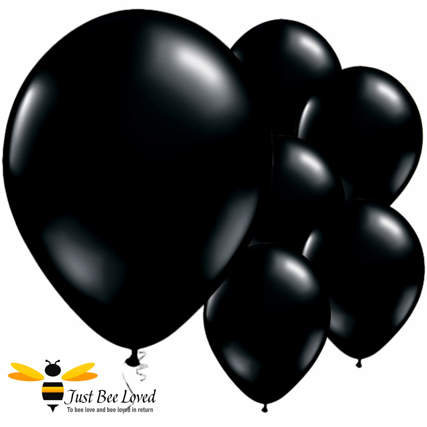 A set of round black latex balloons.