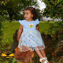 Load image into Gallery viewer, Two year old girl modelling blue lace bumblebee flower dress in park
