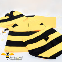 Load image into Gallery viewer, 3 piece bumble bee swimming suit costume for boys featuring top, trunks with matching hat. 