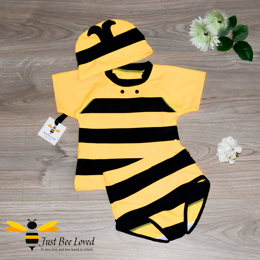 3 piece bumble bee swimming suit costume for boys featuring top, trunks with matching hat. 